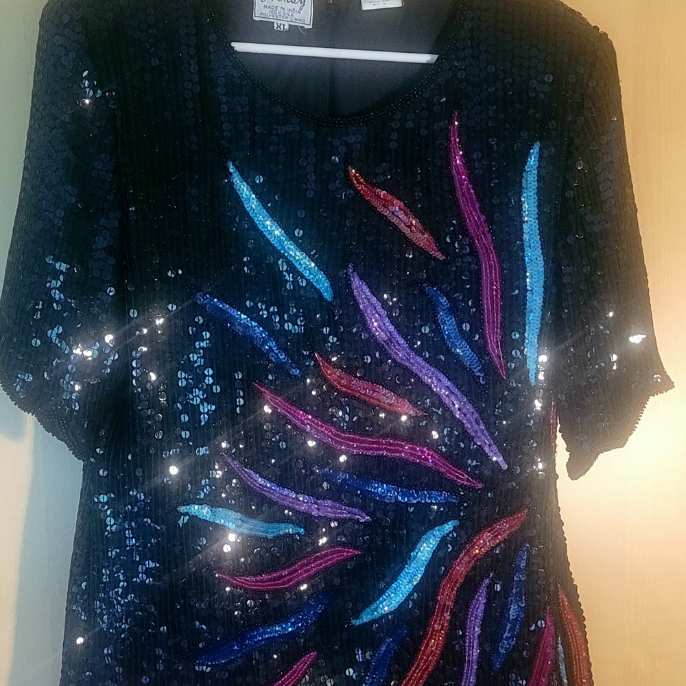 Silk Sequin Embellished Black Top with Multicolor Design